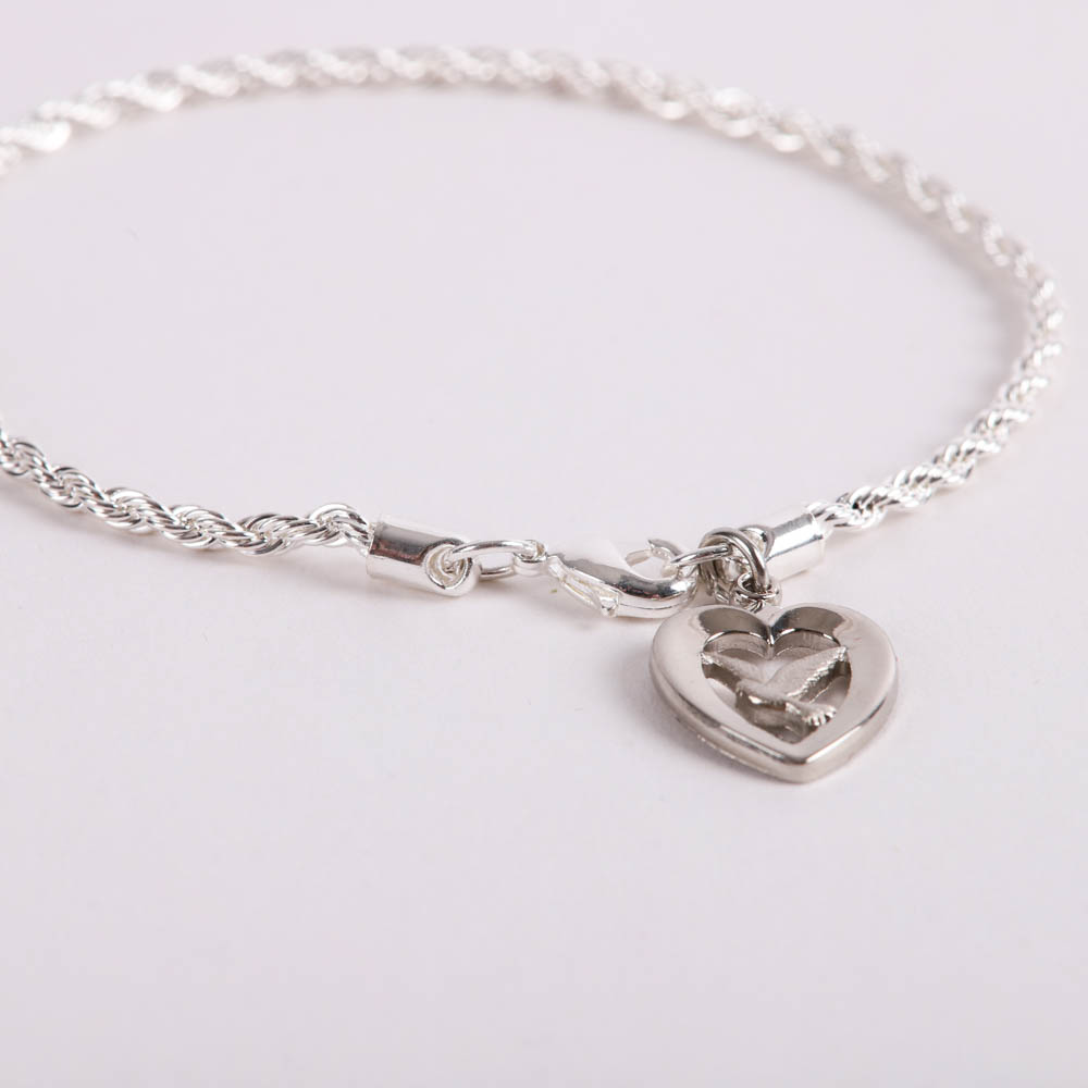 Bracelet - Rhodium Twisted Rope with Heart/Dove Charm - Silver - Swanson Christian Products