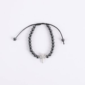 Bracelet – Hematite Beads with Cross – Adjustable