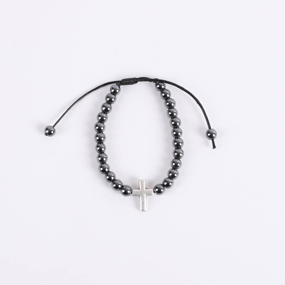 Bracelet - Hematite Beads with Cross - Adjustable - Swanson Christian Products