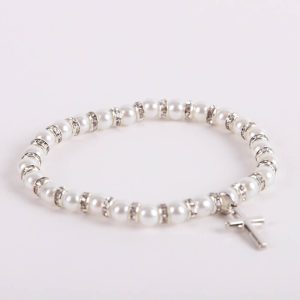 Bracelet – Pearls with Sterling Silver Cross Charm – For Infants