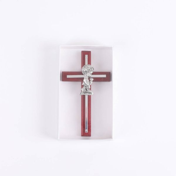 Wall Cross - Cherry Wood with Stainless Steel - Praying Boy - Swanson Christian Products