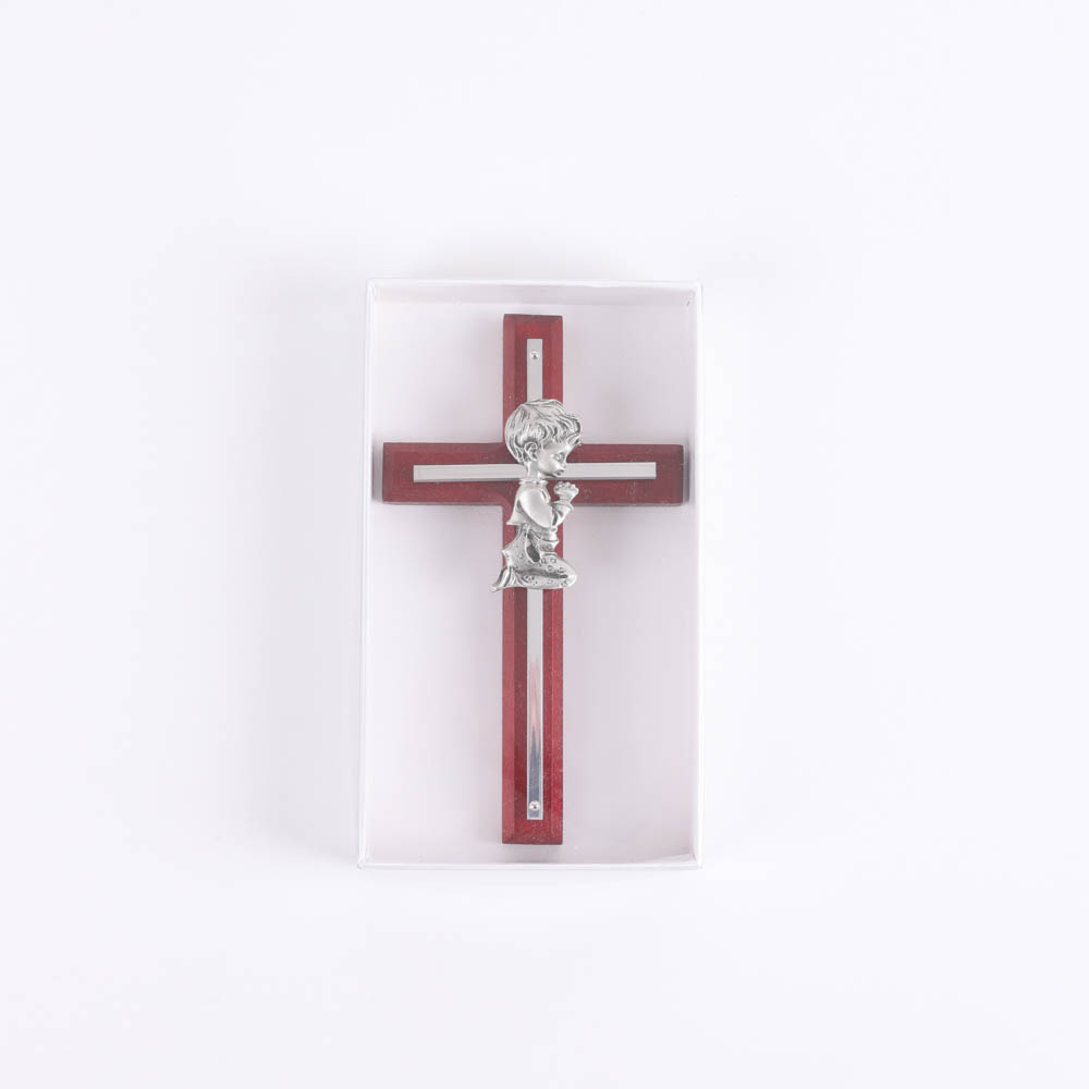 Wall Cross - Cherry Wood with Stainless Steel - Praying Boy - Swanson Christian Products