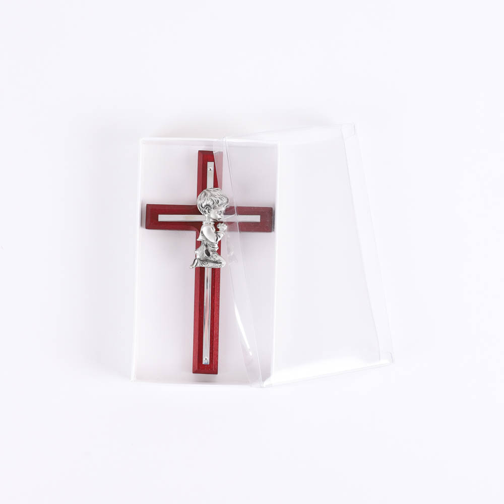 Wall Cross - Cherry Wood with Stainless Steel - Praying Boy - Swanson Christian Products