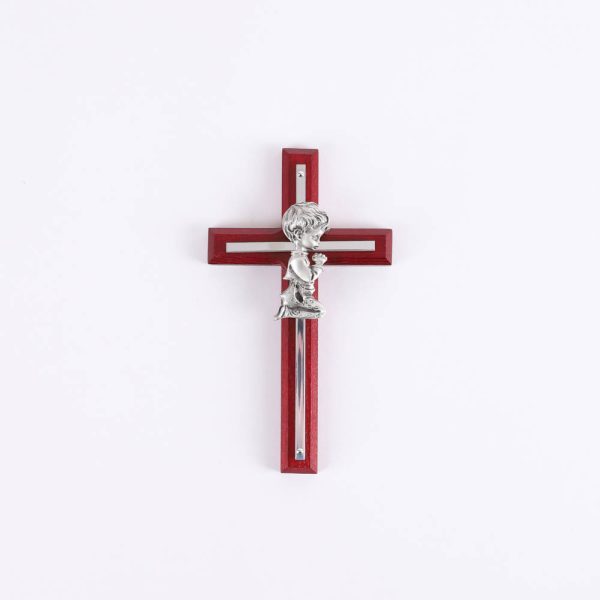 Wall Cross - Cherry Wood with Stainless Steel - Praying Boy - Swanson Christian Products