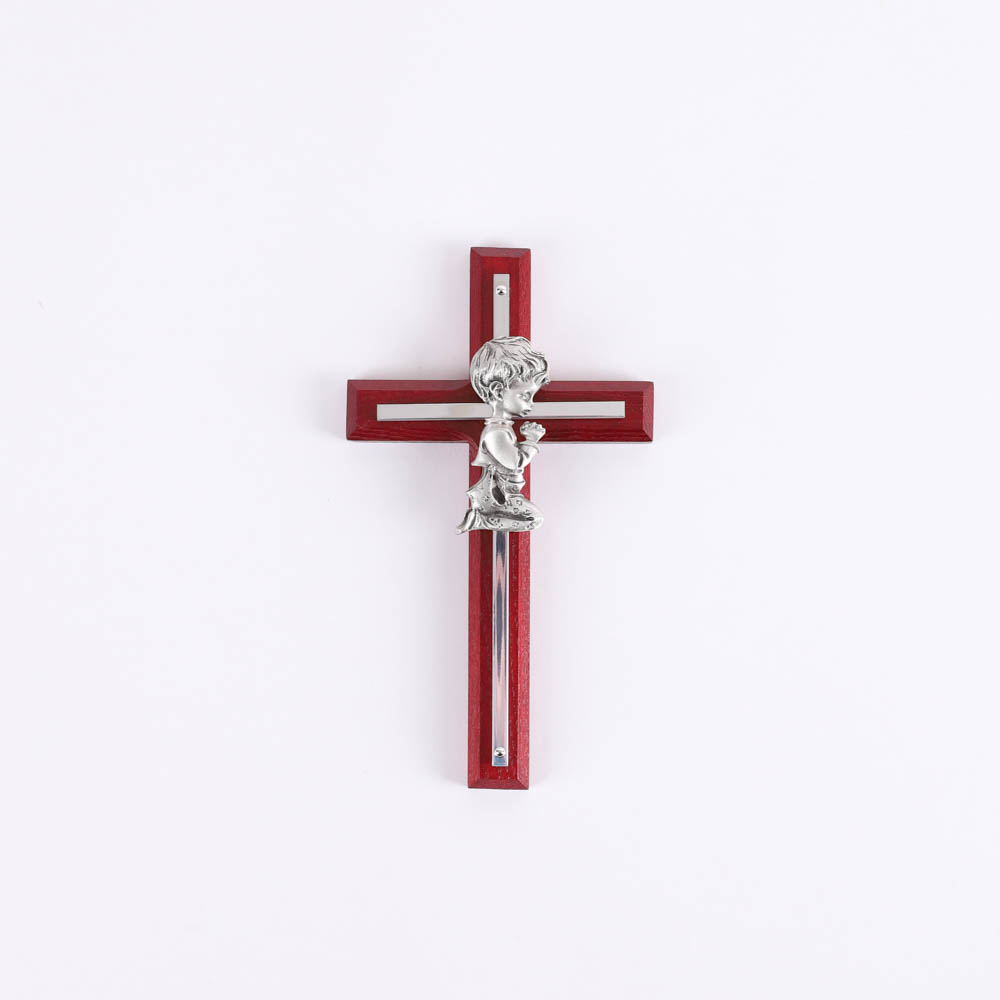 Wall Cross - Cherry Wood with Stainless Steel - Praying Boy - Swanson Christian Products