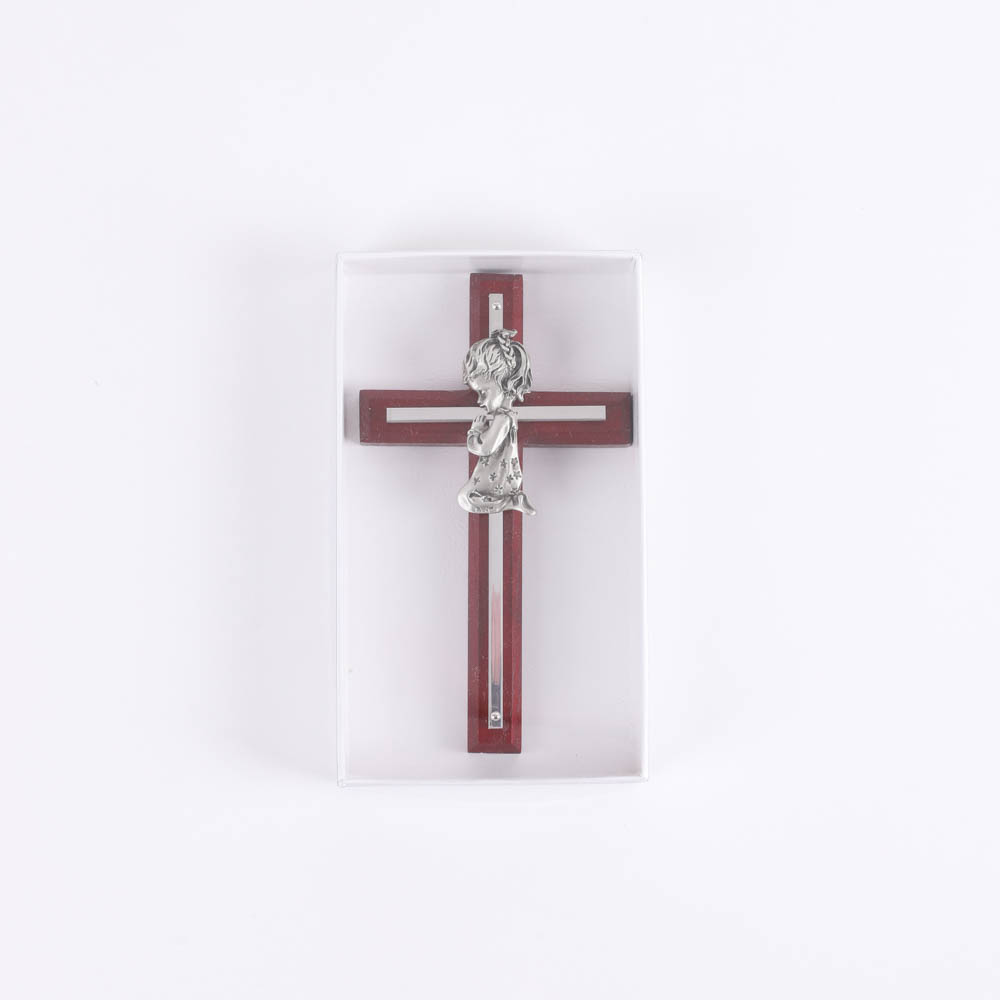 Wall Cross - Cherry Wood with Stainless Steel - Praying Girl - Swanson Christian Products