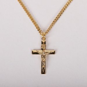 Necklace Crucifix – Flat Cross with Inscription Gold – 24″