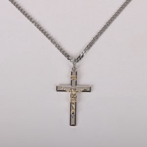 Necklace Crucifix – Flat Cross with Inscription – Gold with Silver – 24
