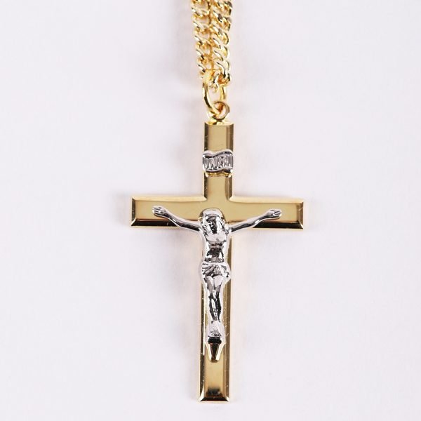 Necklace Crucifix - Flat Cross with Inscription - Gold with Silver - 24 | Swanson Christian Products