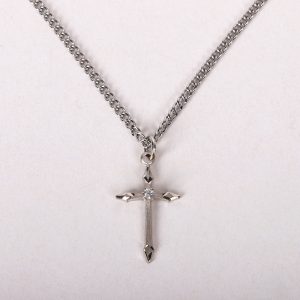 Necklace – Sterling Silver – Pointed Tip Cross with Cubic Zirconia – 16-18″