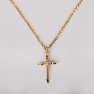 Necklace – CoatedGold Plated Sterling Silver – Pointed Tip Cross with Cubic Zirconia – 16-18″
