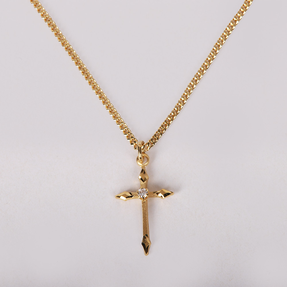 Necklace - CoatedGold Plated Sterling Silver - Pointed Tip Cross with Cubic Zirconia - 16-18"