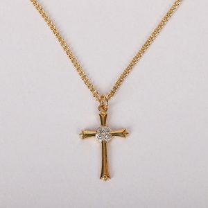 Necklace – Gold Plated Sterling Silver – Cross with Cubic Zirconia Crystals – 18″