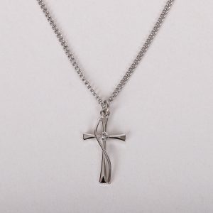 Necklace – Sterling Silver – Tapered Cross with Cubic Zirconia – 18″ Silver