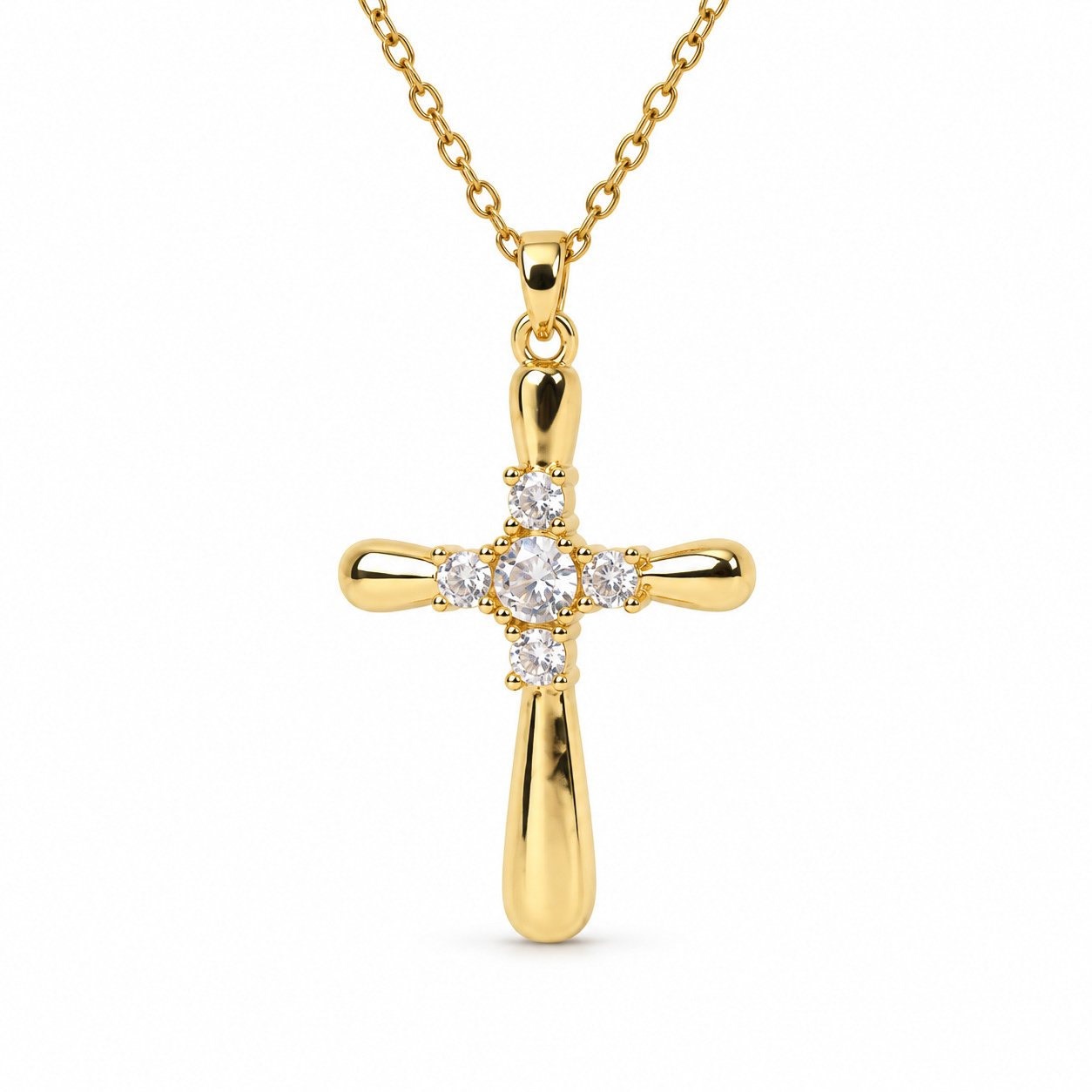 Rounded Cross Necklace - Gold Tone with Gemstone Accents - Image 3