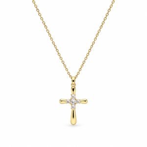 Rounded Cross Necklace – Gold Tone with Gemstone Accents