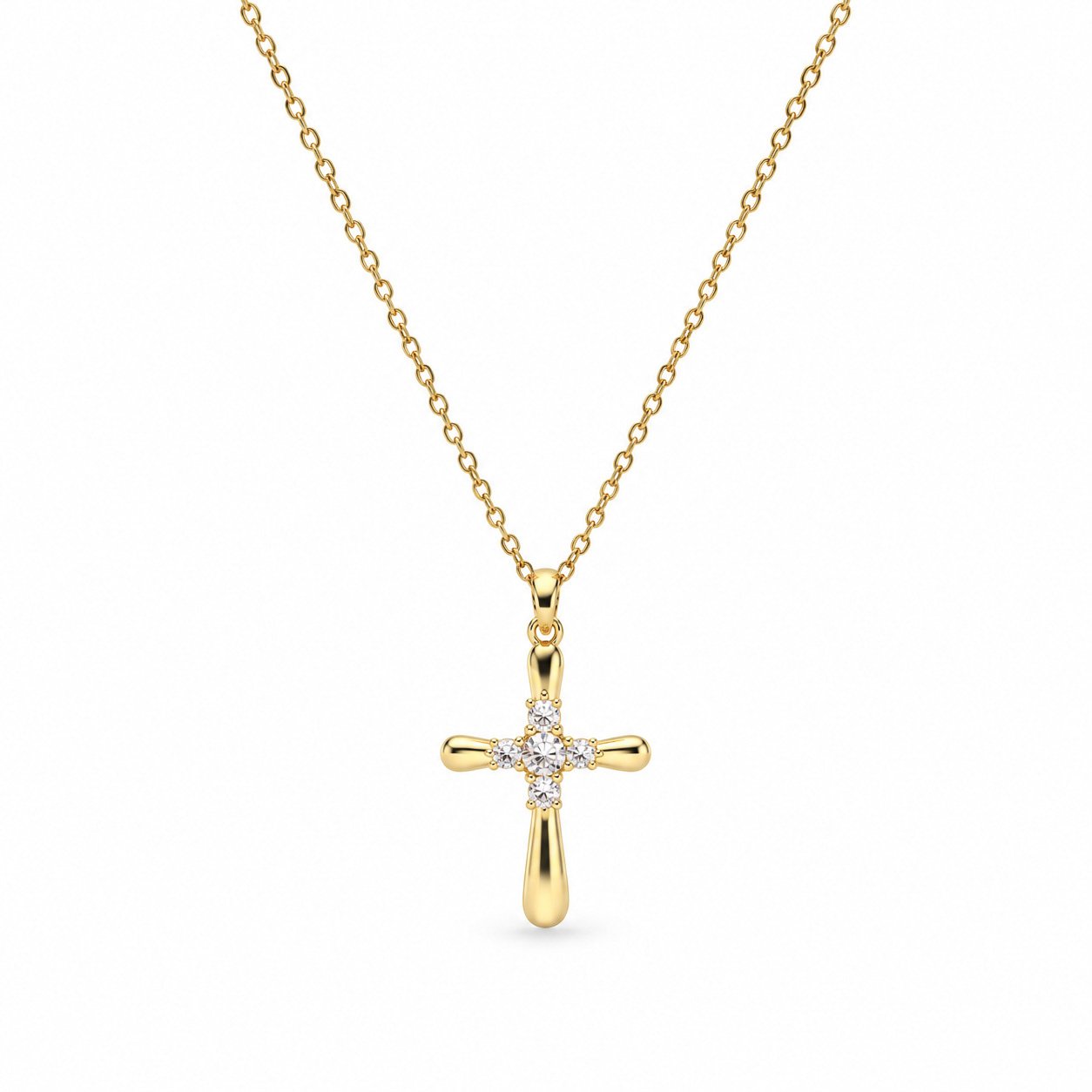 Rounded Cross Necklace - Gold Tone with Gemstone Accents