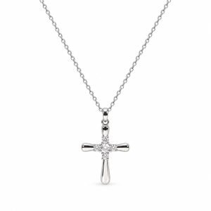 Rounded Cross Necklace – Silver Tone with Gemstone Accents