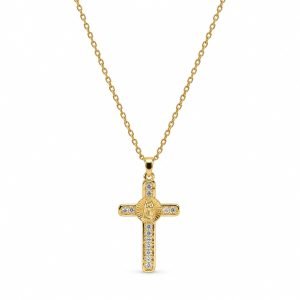 Virgin Mary Cross Necklace – Gold Tone with Gemstone Accents