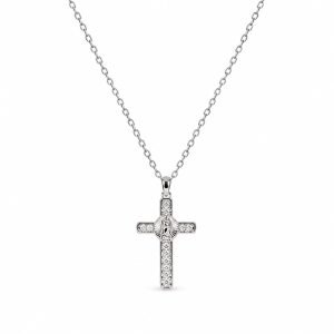 Virgin Mary Cross Necklace – Silver Tone with Gemstone Accents
