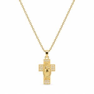 Virgin Mary Wide Cross Necklace – Gold Tone with Gemstone Accents