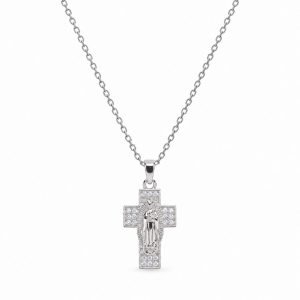 Virgin Mary Wide Cross Necklace – Silver Tone with Gemstone Accents
