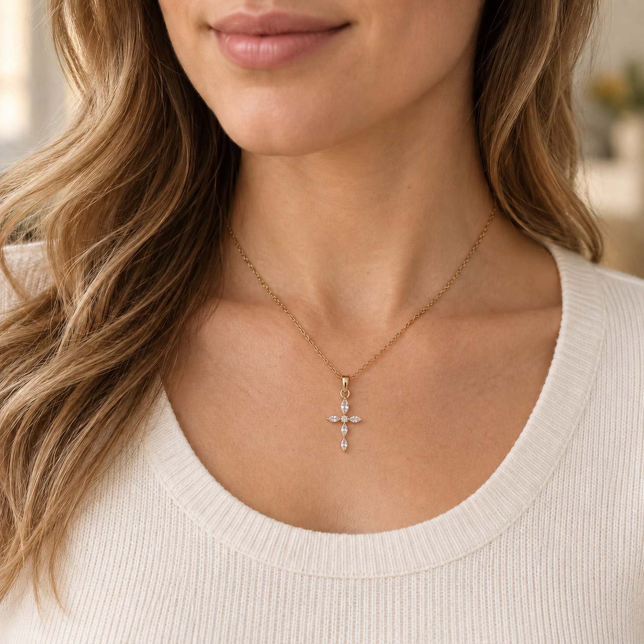 Gemstone Cross Necklace - Gold Tone - Image 3