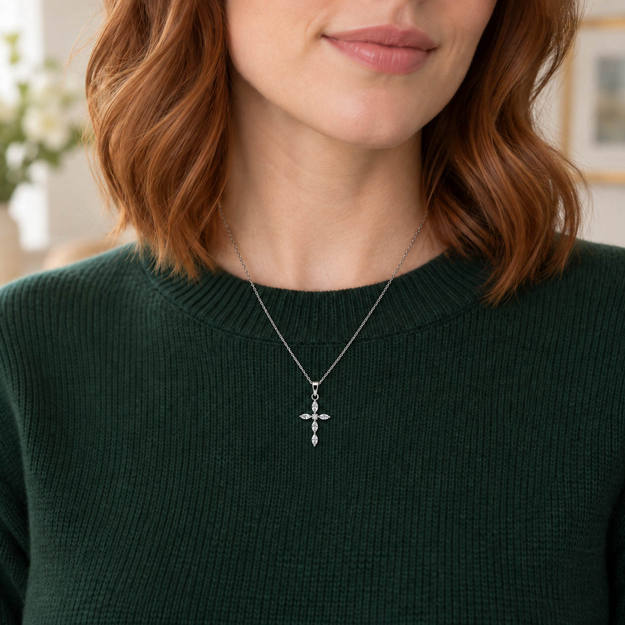 Gemstone Cross Necklace - Silver Tone - Image 4