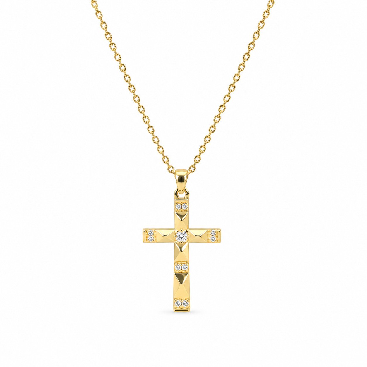Squared-Edge Cross Necklace - Gold Tone with Gemstone Accents