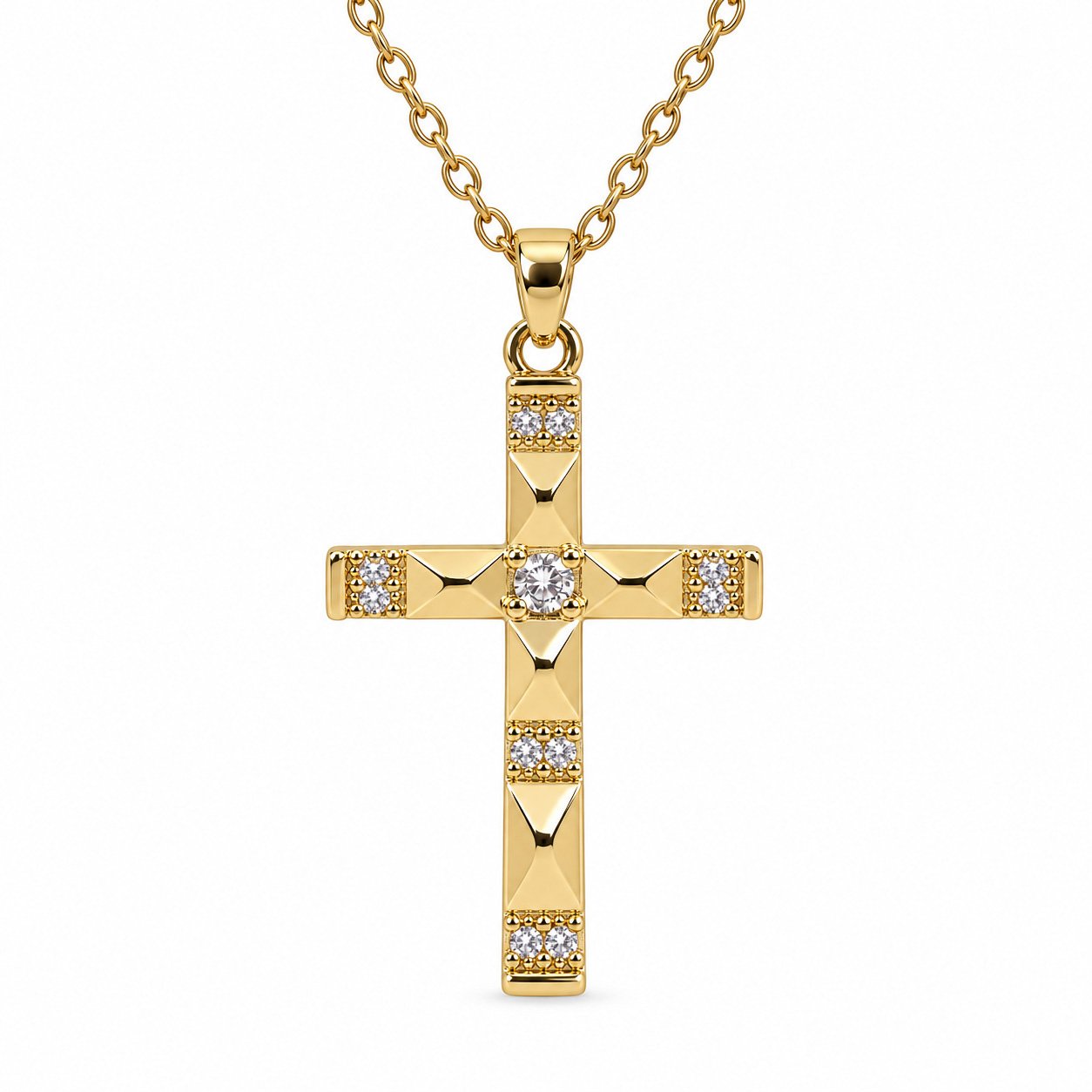 Squared-Edge Cross Necklace - Gold Tone with Gemstone Accents - Image 2