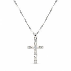 Squared-Edge Cross Necklace – Silver Tone with Gemstone Accents