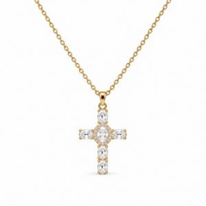 Oval-Cut Gemstone Cross Necklace – Gold Tone