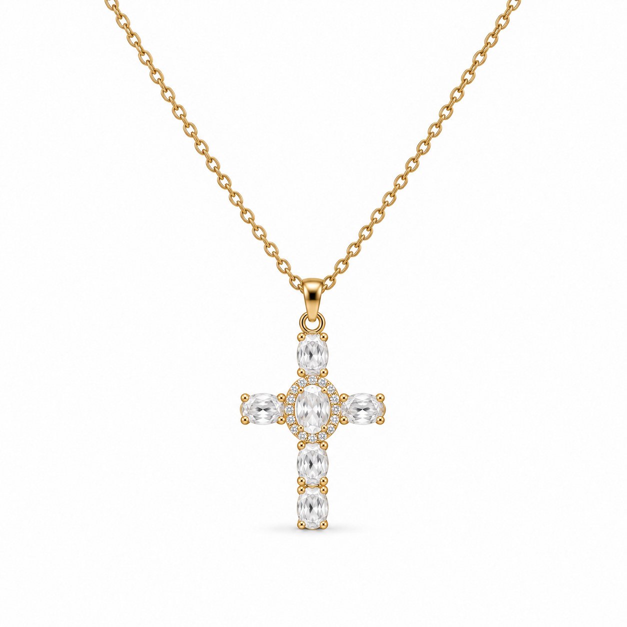 Oval-Cut Gemstone Cross Necklace - Gold Tone