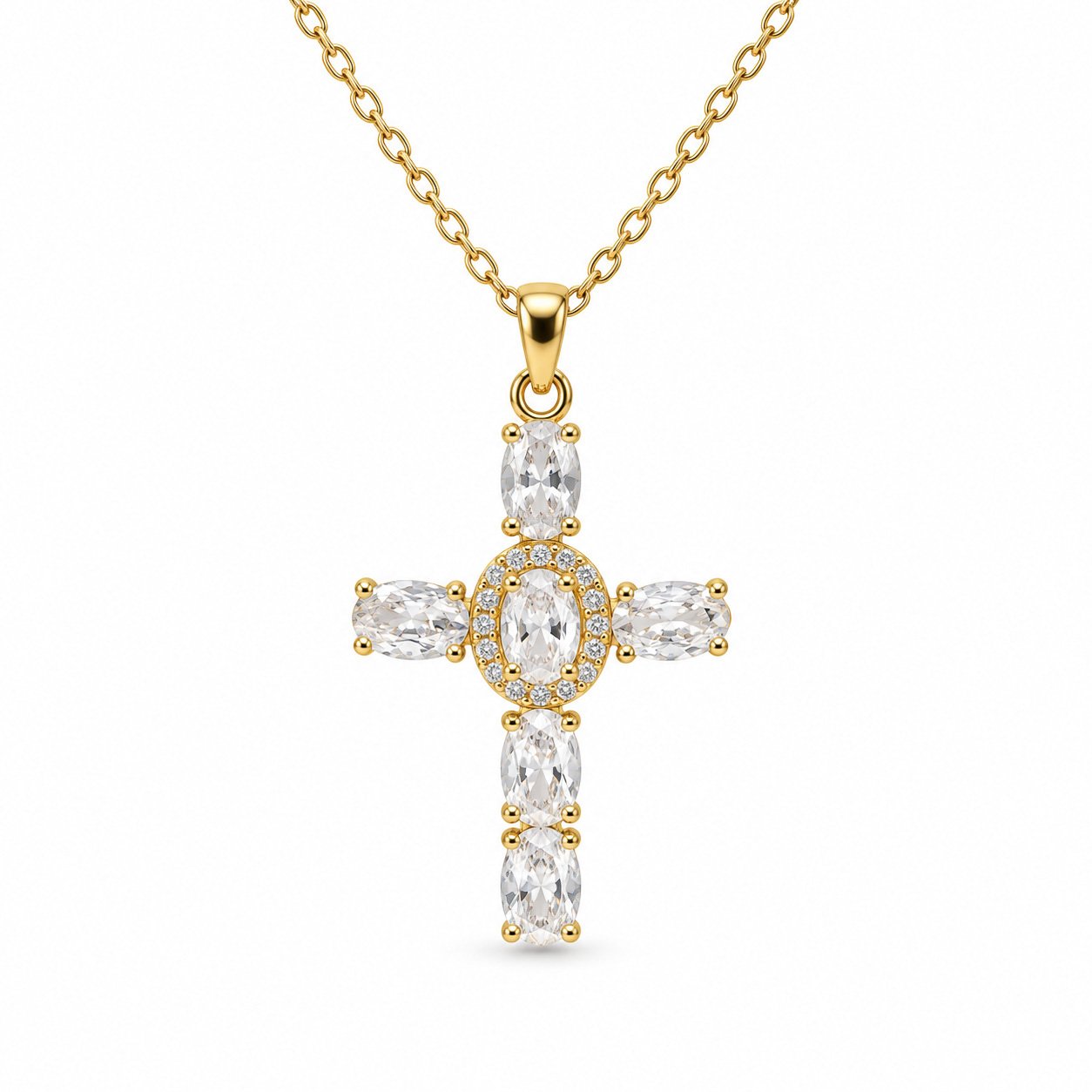 Oval-Cut Gemstone Cross Necklace - Gold Tone - Image 4