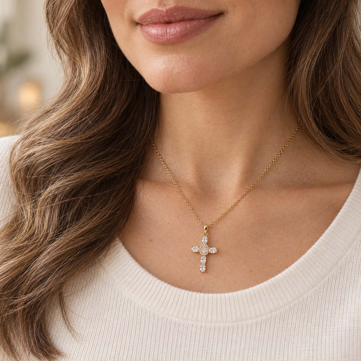 Oval-Cut Gemstone Cross Necklace - Gold Tone - Image 2