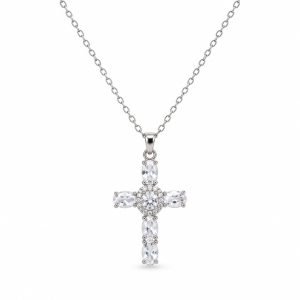 Oval-Cut Gemstone Cross Necklace – Silver Tone