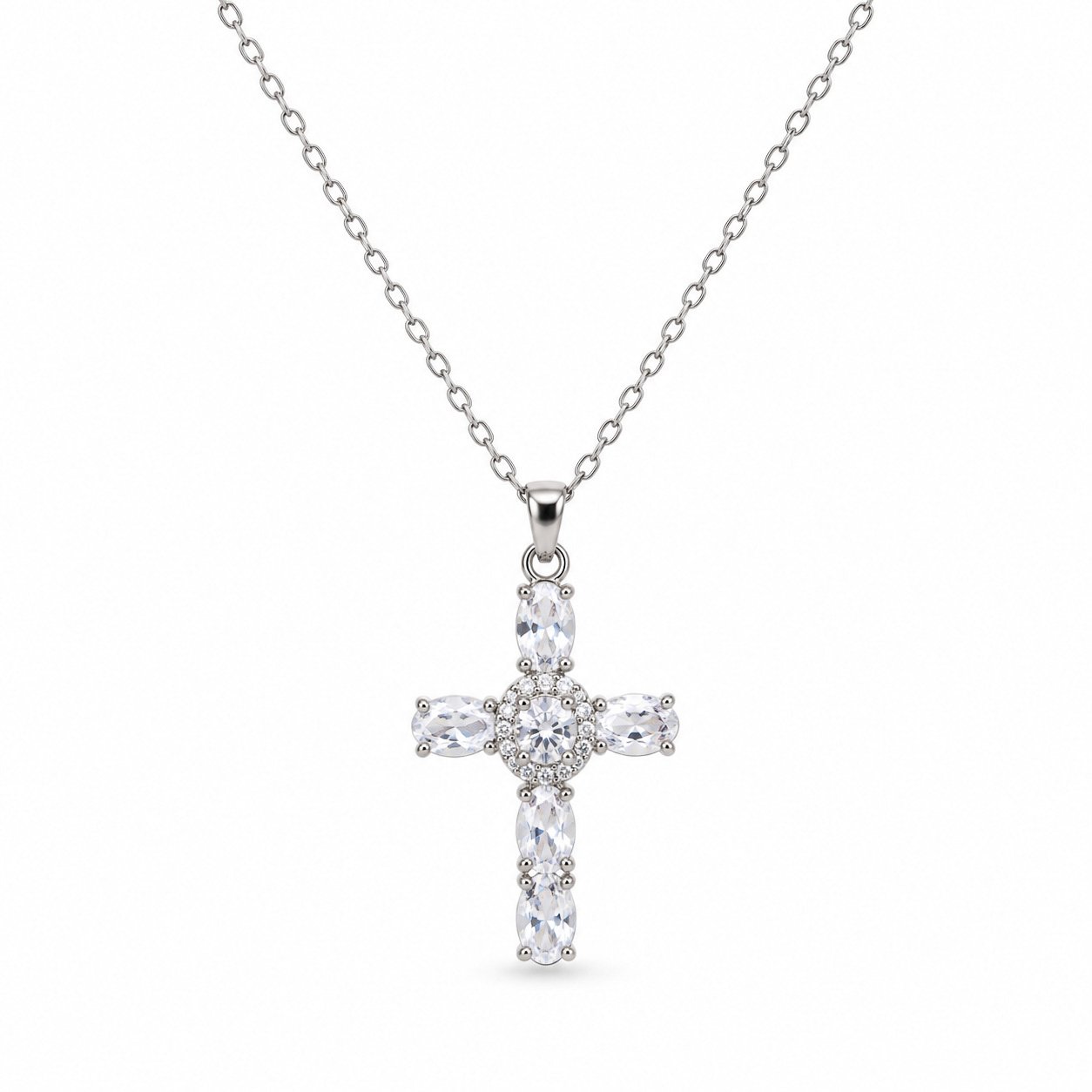 Oval-Cut Gemstone Cross Necklace - Silver Tone