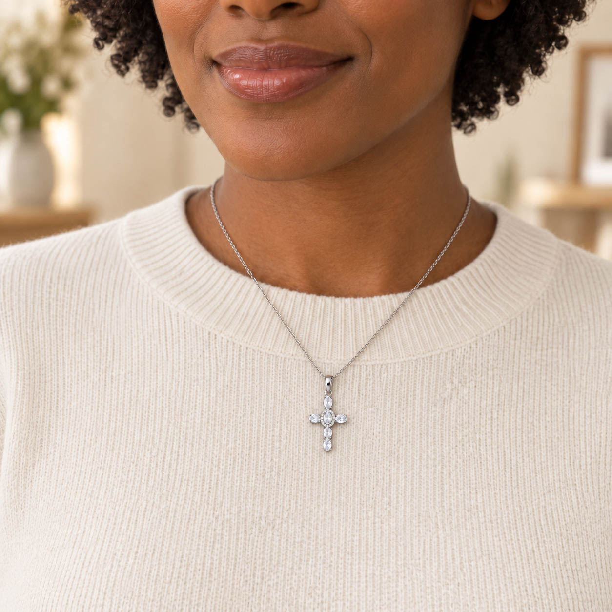 Oval-Cut Gemstone Cross Necklace - Silver Tone - Image 2
