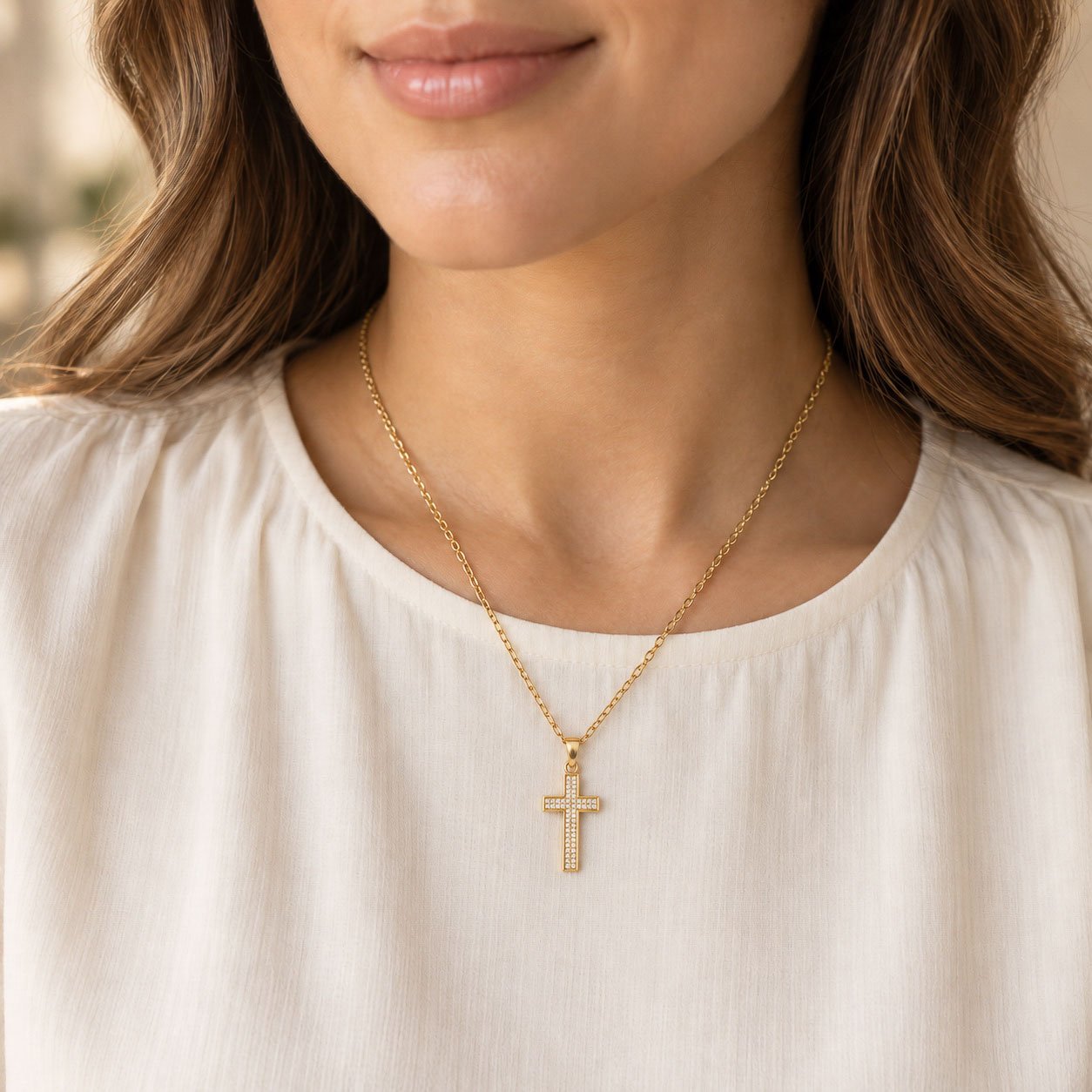 Filled Gemstone Cross Necklace - Gold Tone - Image 3