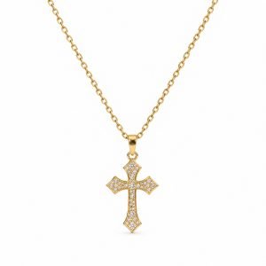 Flared Gemstone Cross Necklace – Gold Tone