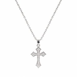 Flared Gemstone Cross Necklace – Silver Tone