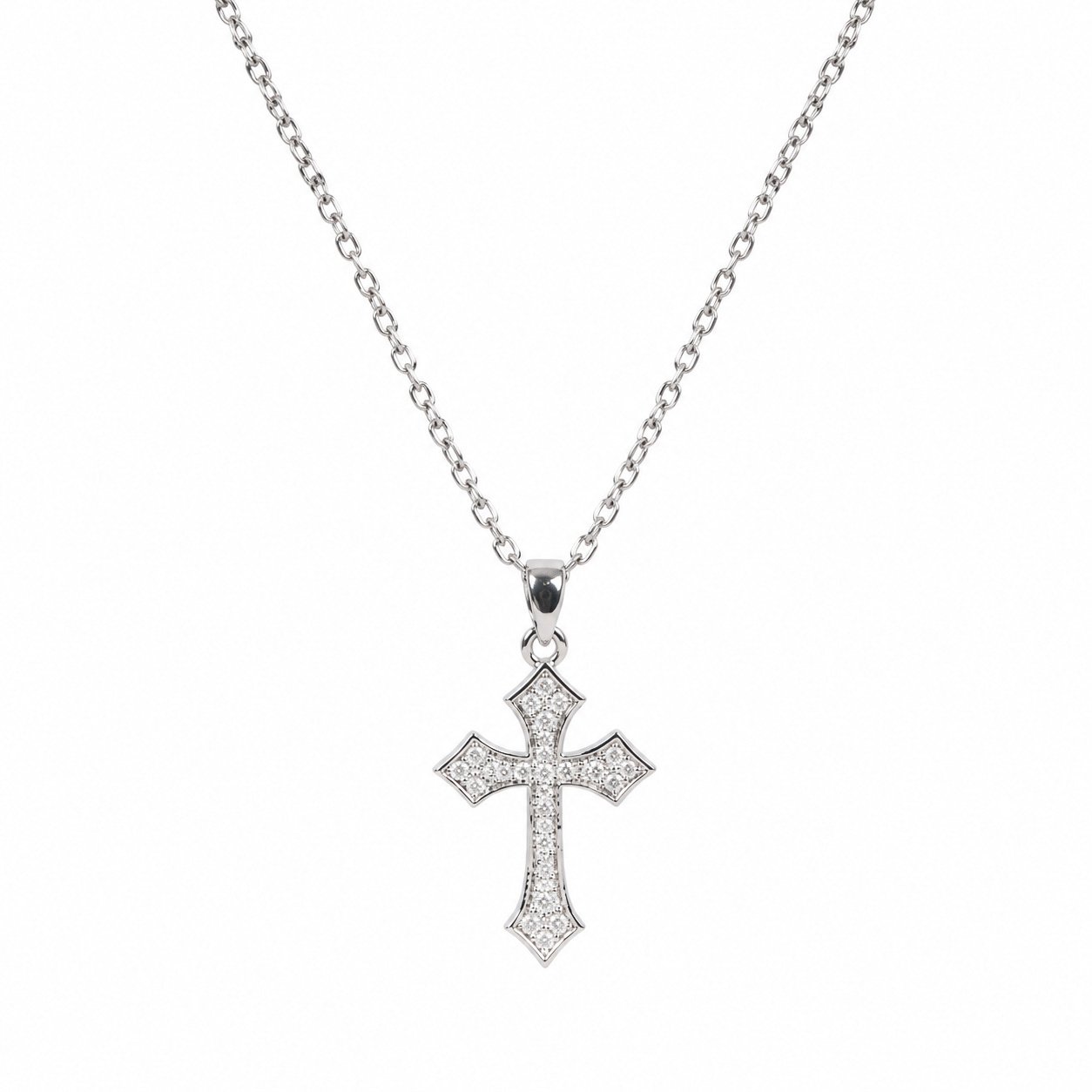 Flared Gemstone Cross Necklace - Silver Tone