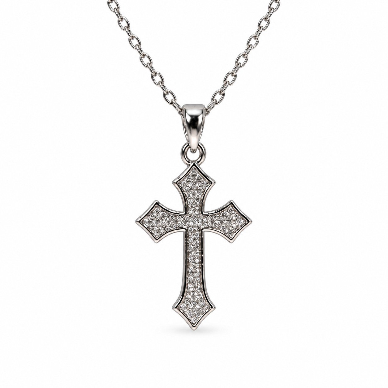 Flared Gemstone Cross Necklace - Silver Tone - Image 2
