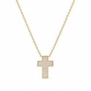 Wide Gemstone Cross Necklace – Gold Tone