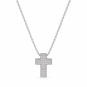 Wide Gemstone Cross Necklace – Silver Tone