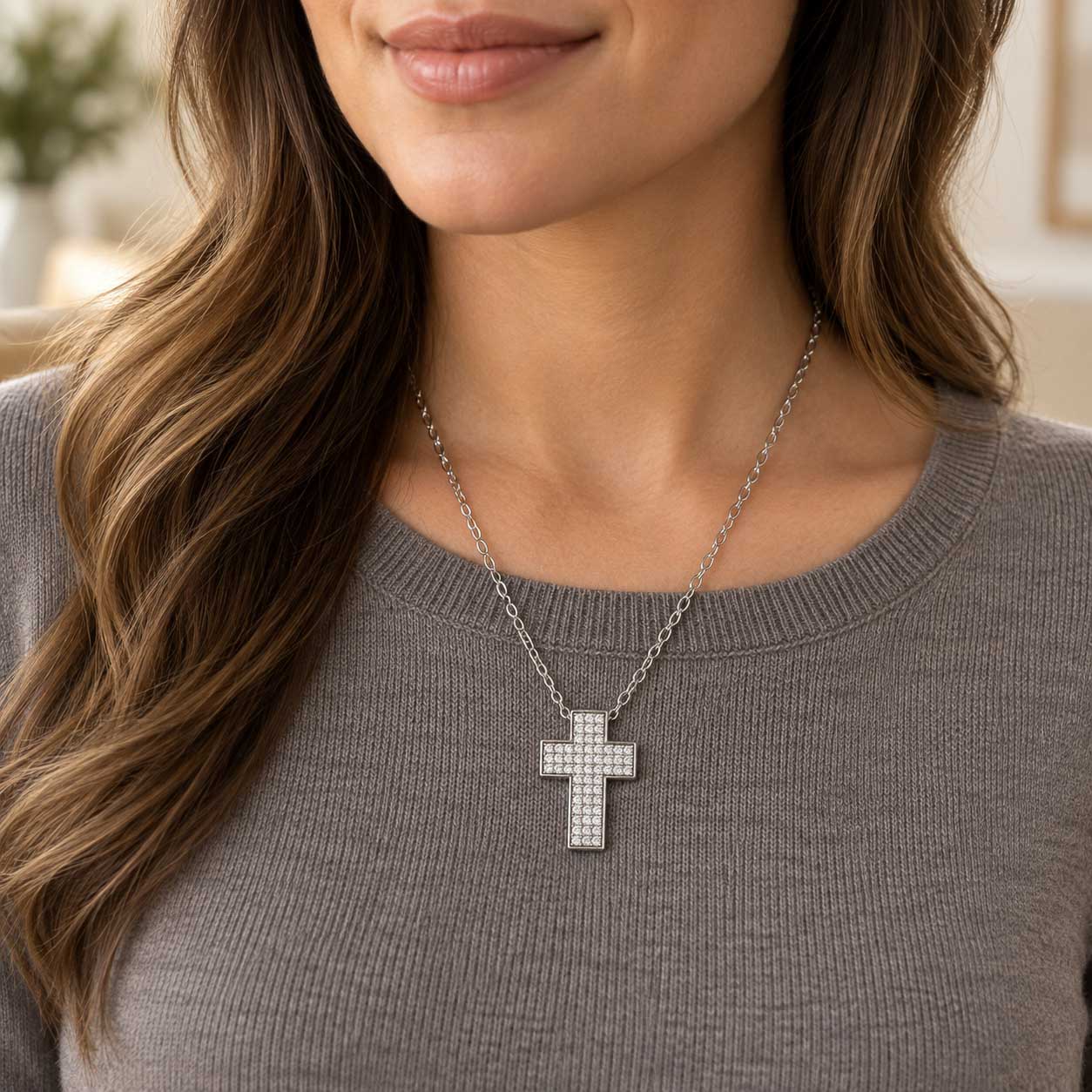Wide Gemstone Cross Necklace - Silver Tone - Image 3