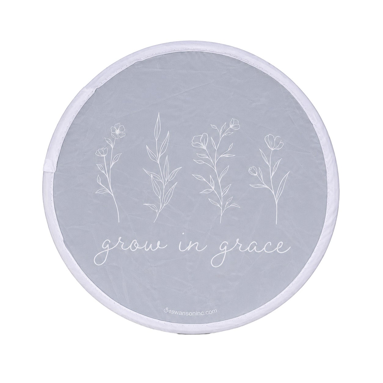 Open blue Christian foldable hand fan with white floral illustrations and Grow in Grace scripture-inspired message.