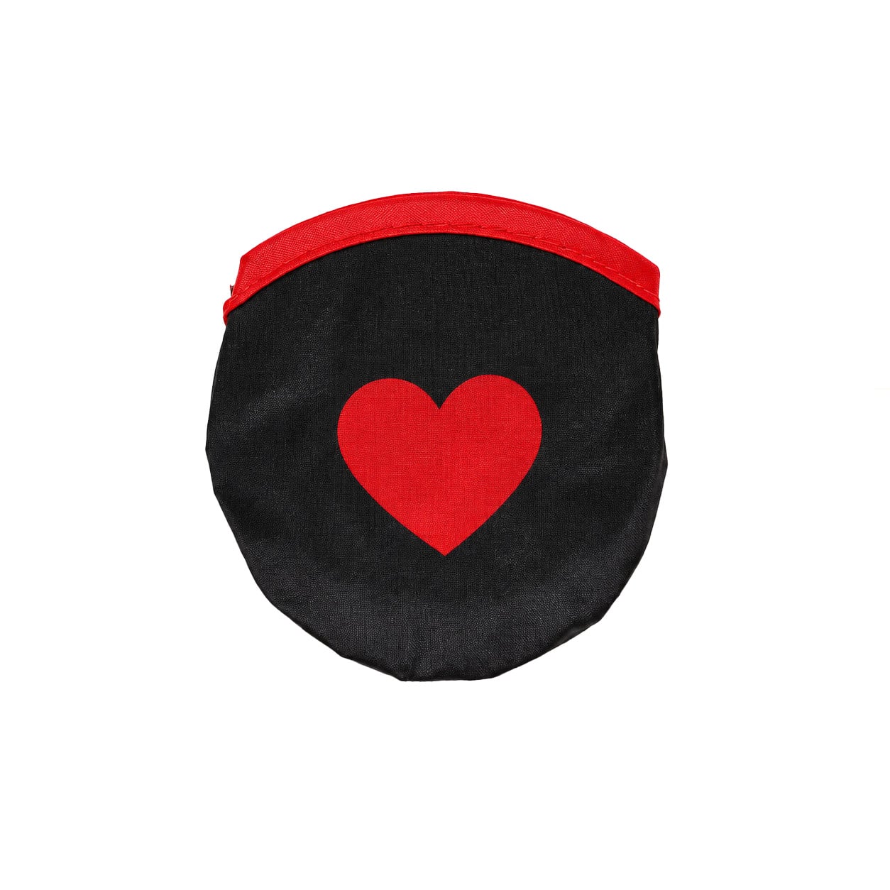 Close-up of folded black Christian hand fan with a bright red heart in the center and red fabric trim.