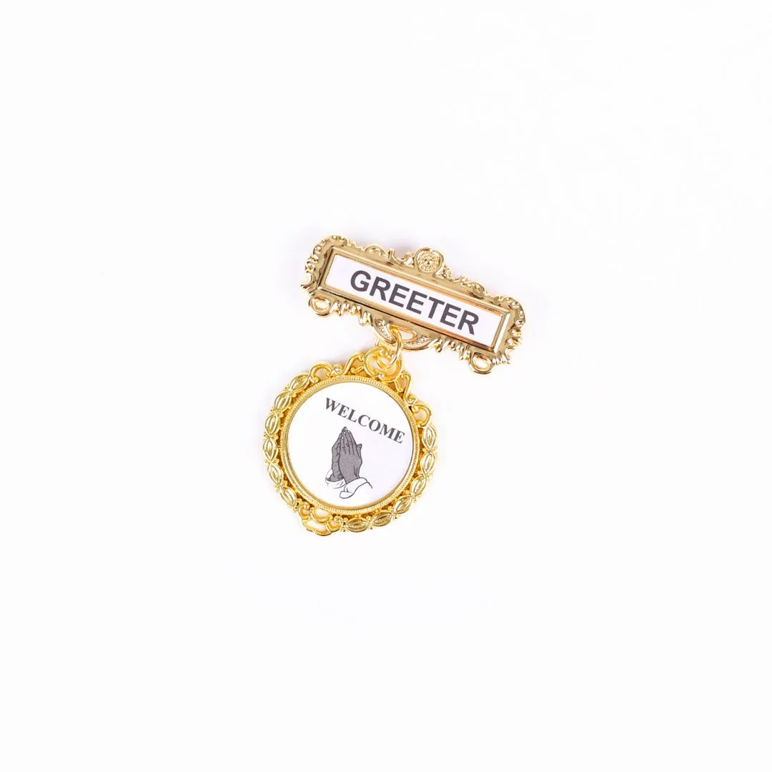 Badge - Fancy Round - Greeter - Ethnic Praying Hands - Pin | Swanson Christian Products