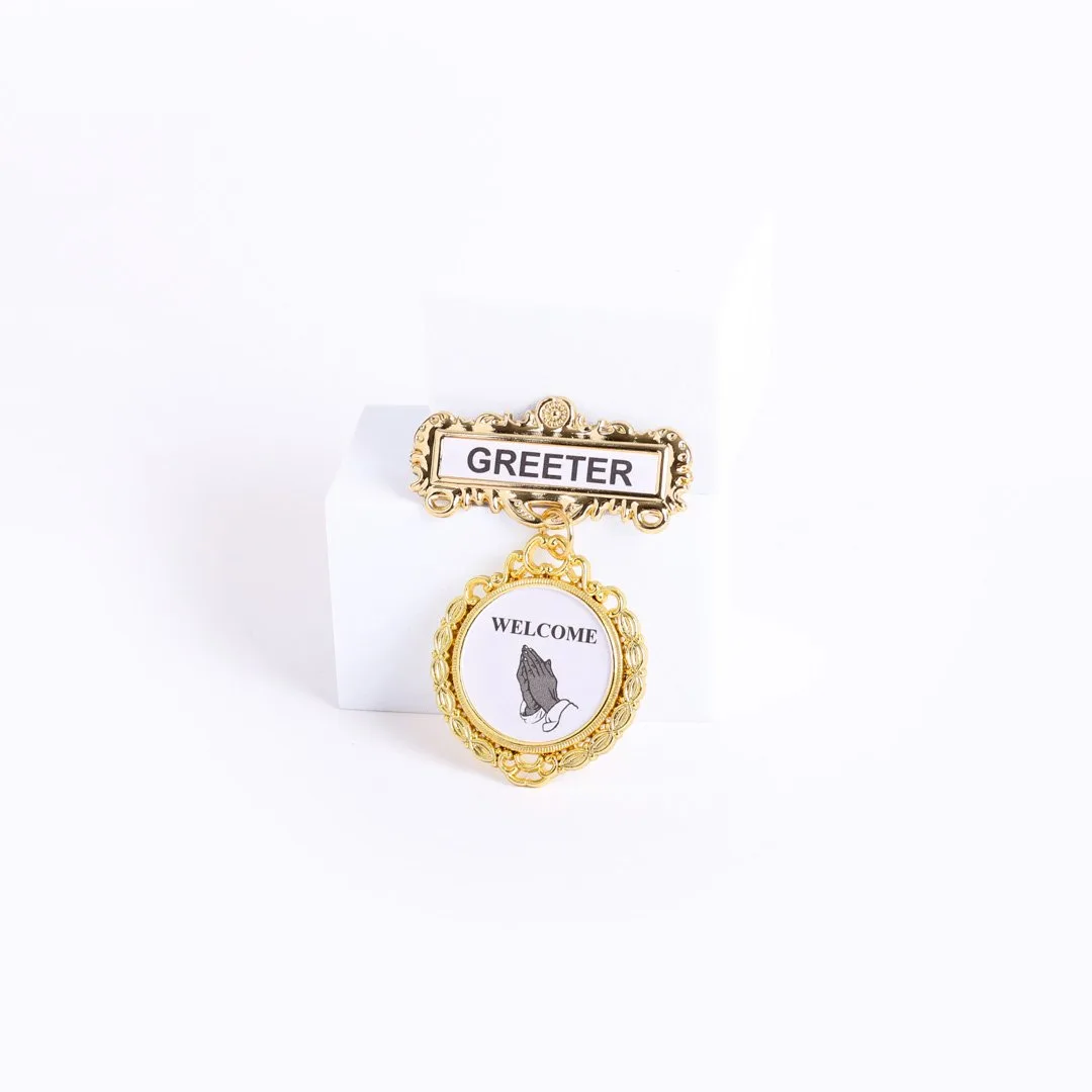 Badge - Fancy Round - Greeter - Ethnic Praying Hands - Pin | Swanson Christian Products